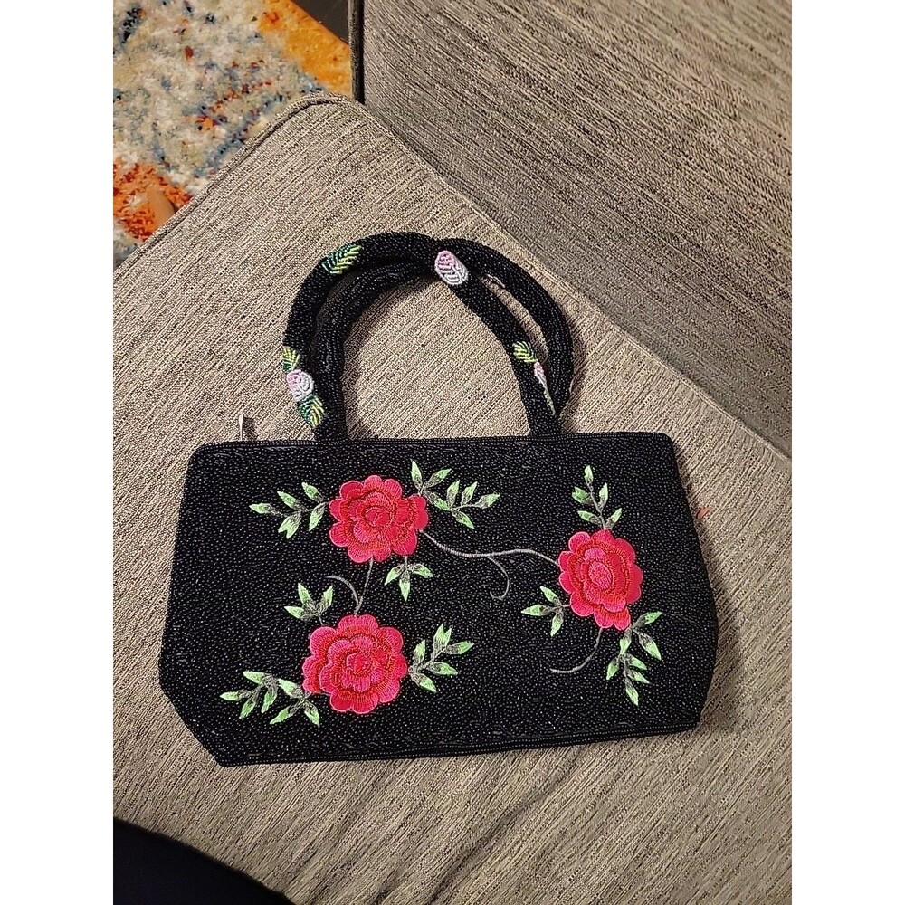 Red Rose Beaded Embroidered Bag Purse Black Handbag Seed Bead